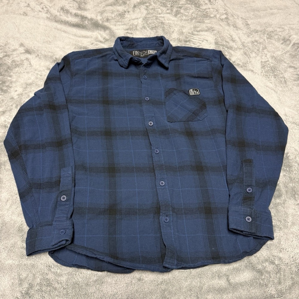 Fintech Shirt Mens Size L Blue Plaid Flannel Button Up Long Sleeve